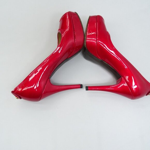 Stuart Weitzman Candy Apple Red Patent Leather‎ Peep-Toe Pumps Size 7 N Platform - Picture 6 of 9